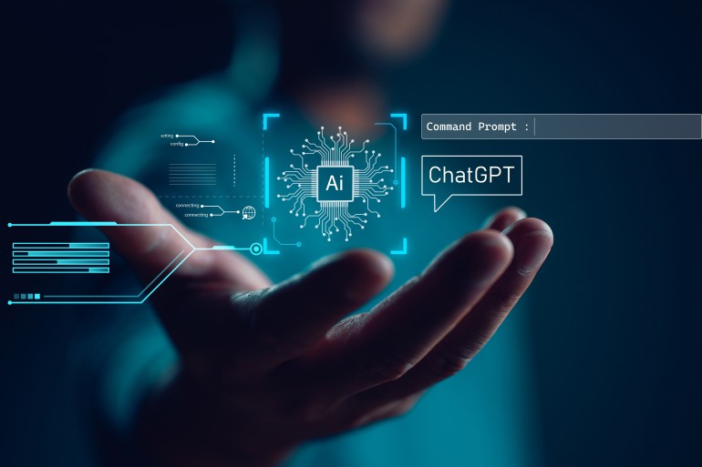 7896-7-1690804291-2 Ai tech, businessman show virtual graphic Global Internet connect Chatgpt Chat with AI, Artificial Intelligence. using command prompt for generates something, Futuristic technology transformation.