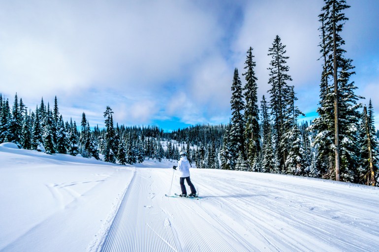 edeed-1705819778 Woman Skiing in a Winter Landscape on the Ski Hills of Sun Peaks in the Shuswap Highlands of central British Columbia, Canada