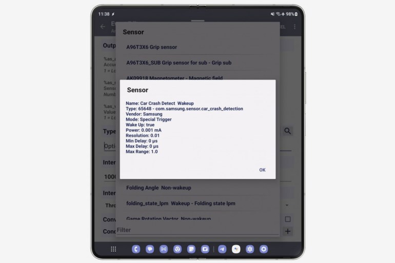 89798jhgj-1706806392 Galaxy S24 Ultra and Z Fold5 Car Crash Detect Wakeup sensor prompt (via Android Police) المصدر: https://www.gsmarena.com/samsung_galaxy_s24_ultra_and_z_fold5_may_soon_offer_crash_detection-news-61397.php