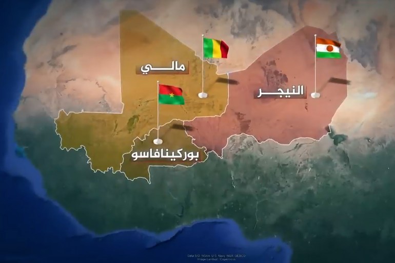 897d8bad984d8b9d986d8a7-1708028216 خريطة البلدان الثلاث المشاركة في تحالف دول الساحل (الجزيرة)