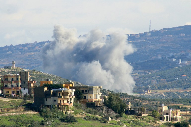 afp__20240128__34h23la-1707140033-1 A picture taken from Lebanon's southern village of Majdelzoun shows smoke billowing during an Israeli air strike on its outskirts towards Zibqin village, on January 28, 2024, amid ongoing cross-border tensions as fighting continues between Israel and the Palestinian Hamas group in Gaza. (Photo by KAWNAT HAJU / AFP)