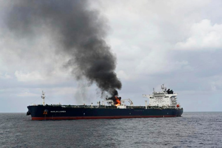 ap24027436647060-1708456765 CAPTION CORRECTS LOCATION TO GULF OF ADEN In this photo provided by the Indian Navy on Saturday, Jan. 27, 2024, a view of the oil tanker Marlin Luanda on fire after an attack, in the Gulf of Aden. The crew aboard a Marshall Islands-flagged tanker hit by a missile launched by Yemen’s Houthi rebels is battling a fire onboard the stricken vessel sparked by the strike. (Indian Navy via AP)
