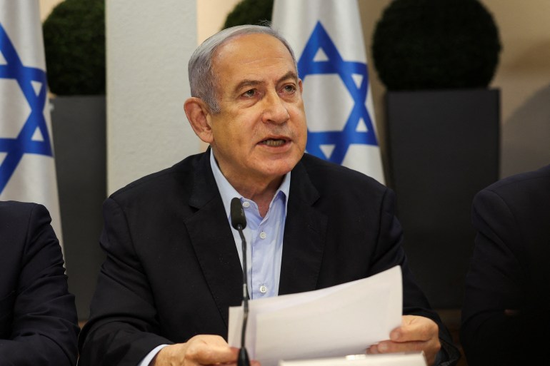 d98ad8a8d8b3d98a-1707808285 Israeli Prime Minister Benjamin Netanyahu speaks during the weekly cabinet meeting at the Defence Ministry in Tel Aviv, Israel, January 7, 2024. REUTERS/Ronen Zvulun/Pool