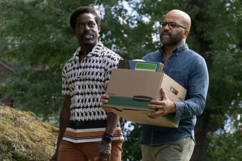d98ad8a8oad-1707830106 Misanthrophic writer Thelonious “Monk” Ellison (Jeffrey Wright, right) meets up with his hard-partying brother Cliff (Sterling K. Brown) in “American Fiction.”Orion Pictures