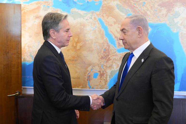 Israel’s Netanyahu meets US’ Blinken amid talks for Gaza cease-fire WEST JERUSALEM - FEBRUARY 07: (----EDITORIAL USE ONLY - MANDATORY CREDIT - 'GPO / HANDOUT' - NO MARKETING NO ADVERTISING CAMPAIGNS - DISTRIBUTED AS A SERVICE TO CLIENTS----) US Secretary of State Antony Blinken (L) shakes hand with Israeli Prime Minister Benjamin Netanyahu (R) in West Jerusalem on February 07, 2024.