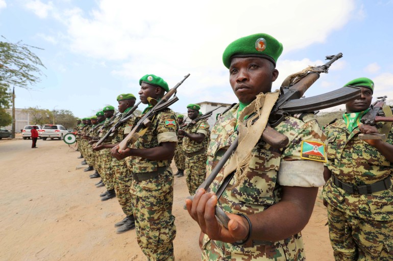 somalia7-1708806563 Burundian African Union Mission in Somalia (AMISOM) peacekeepers stand in formation during a ceremony as they prepare to leave the Jaale Siad Military academy after being replaced by the Somali military in Mogadishu, Somalia. February 28, 2019. REUTERS/Feisal Omar