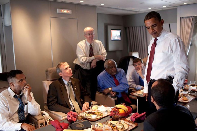 af13-1711781145 The elaborate meals served aboard Air Force One are prepared inside a special kitchen at Joint Base Andrews. Each entree is vacuum sealed and frozen on the ground; the cooking process is completed on stoves, ovens and microwaves in the plane's galley kitchen. The president can order just about any meal he'd like. The only catch: Because there's no fryer on the plane, the fries served up by Air Force One tend to be a bit soggy. credit : PETE SOUZA/THE WHITE HOUSE