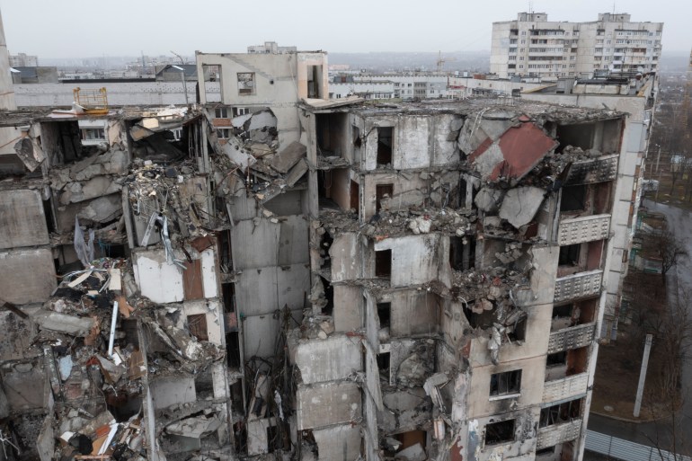 A view of a damaged multi-storey apartment building hit by a Russian missile, in Kharkiv, Ukraine, Saturday, March 16, 2024. Kharkiv is Ukraine's closest big city to the Russian border and is regularly attacked by the Russian missiles. (AP Photo/Efrem Lukatsky)