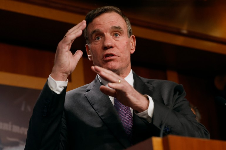 d9a1-1710098062 WASHINGTON, DC - MARCH 07: Senate Select Committee on Intelligence Mark Warner (D-VA) talks to reporters while introducing the Restrict Act at the U.S. Capitol on March 07, 2023 in Washington, DC. In reaction to software built in countries hostile to the United States, including China's TikTok, the new legislation would allow the Commerce Department to take action on suspected foreign spying risks in artificial intelligence, fintech, quantum computing and e-commerce. Chip Somodevilla/Getty Images/AFP (Photo by CHIP SOMODEVILLA / GETTY IMAGES NORTH AMERICA / Getty Images via AFP)