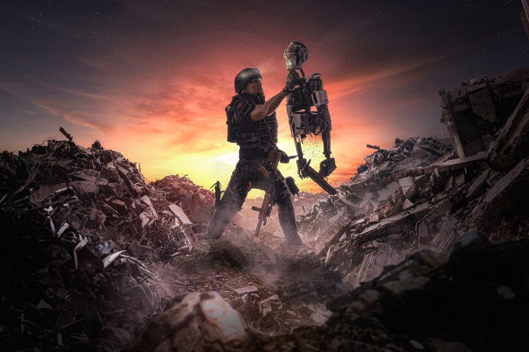 gettyimages-1187622356-1707904444 Robotic War ( men vs machines ) - Illustration of an apocalyptic scene of a soldier holding a robot in war.
