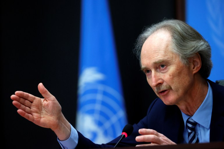 rtx8r9x0-1 U.N. Special Envoy for Syria Geir Pedersen attends a news conference after a meeting of the Syrian Constitutional Committee at the United Nations in Geneva