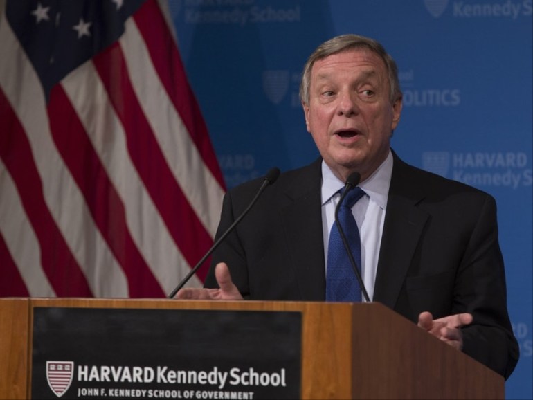 37c68fb9-78eb-47cf-9184-351d09f0accc epa06490810 US Senator Dick Durbin speaks during an address on the topic of DACA to the John F Kennedy School of Government Institute of Politics in Cambridge, Massachusetts, USA 01 February 2018. EPA-EFE/CJ GUNTHER