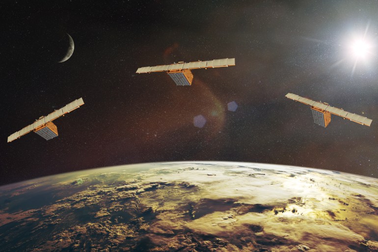 Satellites in outer space on orbit of Earth planet. Elements of this image furnished by NASA.