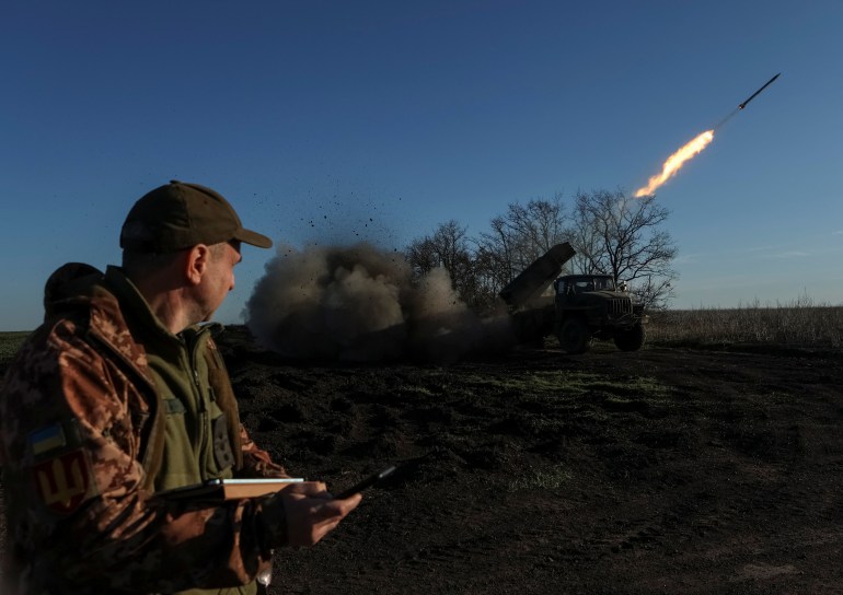 ukr-1712303950 Ukrainian servicemen of the 59th Separate Motorised Infantry Brigade of the Armed Forces of Ukraine, fire a BM-21 Grad multiple launch rocket system towards Russian troops near a front line, amid Russia's attack on Ukraine, in Donetsk region, Ukraine April 4, 2024. REUTERS/Sofiia Gatilova
