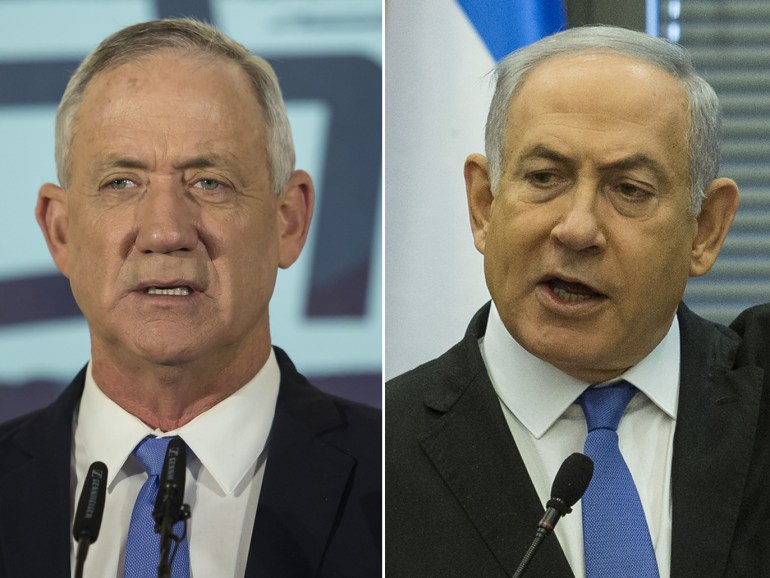 كومبو بين Israeli Prime Minister Benjamin Netanyahu وleader of Blue and White party Benny Gantz