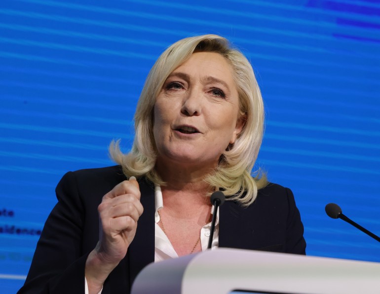 Le Pen speaks after first round results of French presidential election