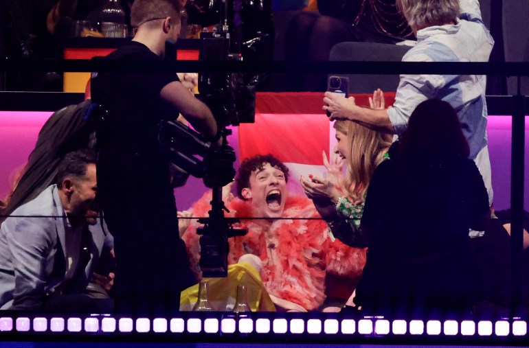 Nemo representing Switzerland celebrates after winning during the Grand Final of the 2024 Eurovision Song Contest, in Malmo, Sweden, May 11, 2024. REUTERS/Leonhard Foeger