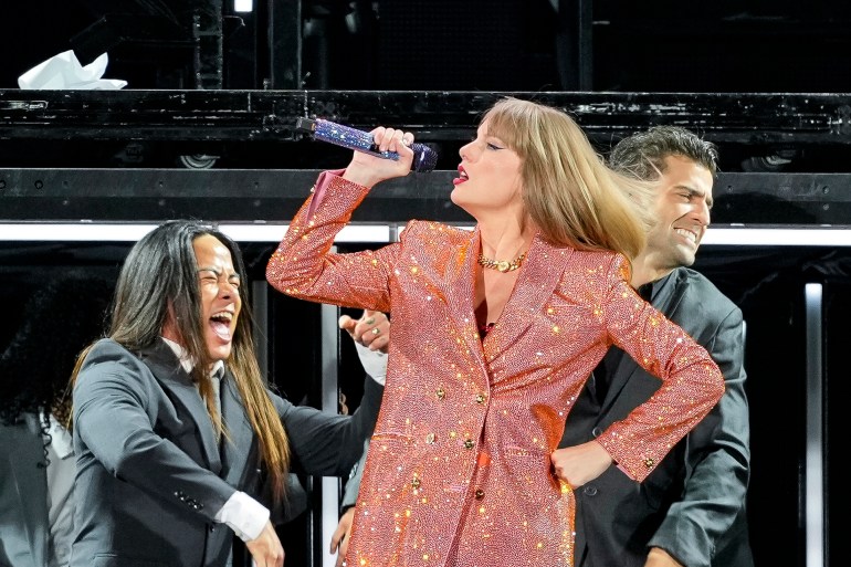Taylor Swift performs at the Paris Le Defense Arena as a part of her Eras Tour concert in Paris, Thursday, May 9, 2024. (AP Photo/Lewis Joly)