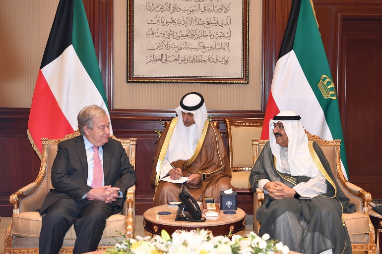 A photo provided by the Kuwaiti news agency KUNA on May 12, 2024 shows Emir of Kuwait Sheikh Meshal al-Ahmad al-Jaber al-Sabah (R) meeting with UN Secretary-General Antonio Guterres at Bayan palace in Kuwait City. (Photo by KUNA / AFP) / === RESTRICTED TO EDITORIAL USE - MANDATORY CREDIT "AFP PHOTO / HO / KUNA" - NO MARKETING NO ADVERTISING CAMPAIGNS - DISTRIBUTED AS A SERVICE TO CLIENTS ===