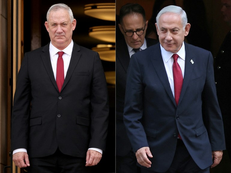 doc-33y38ln-1707132550 (COMBO) This combination of photograph created on October 12, 2023, shows (L) a file photograph taken on June 3, 2021 of former Israeli Minister of Defense Benny Gantz at an arrival ceremony at the Pentagon in Arlington, Virginia, and (R) a file photograph taken on March 24, 2023 of Israel's Prime Minister Benjamin Netanyahu leaving 10 Downing Street in central London. Israel kept up its bombardment of Hamas targets in the Gaza Strip on October 12, 2023, as Prime Minister Benjamin Netanyahu and a political rival announced an emergency government for the duration of the conflict that has already killed thousands. The veteran right-wing leader was joined by the centrist Benny Gantz, a former defence minister, in the government and war cabinet as both put aside bitter political divisions that have roiled the country and sparked mass protests. (Photo by WIN MCNAMEE and ISABEL INFANTES / various sources / AFP)