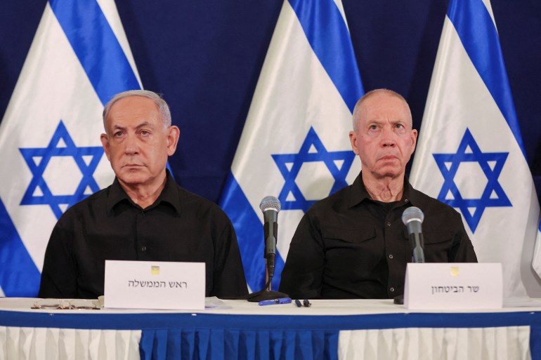 gallant-netanyahu654-1716129871-1 Israeli prime minister Benjamin Netanyahu and defense minister Yoav Gallant during a press conference in the Kirya military base in Tel Aviv , Israel , 28 October 2023. ABIR SULTAN POOL/Pool via REUTERS
