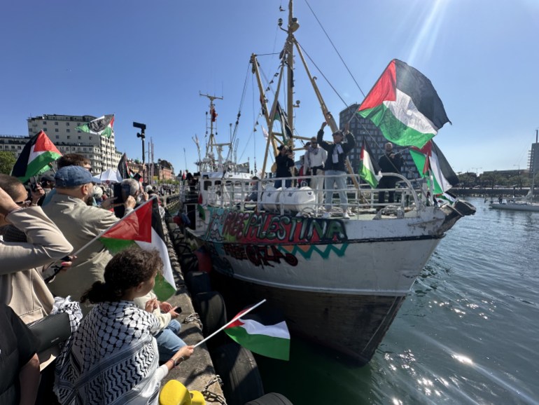 gettyimages-2151478540-1715242286 MALMO, SWEDEN - MAY 08: The ship named Handala, belonging to the Freedom Flotilla (Ship to Gaza), which set sail from the capital of Norway, Oslo, on May 1st with the aim of delivering humanitarian aid to Gaza arrives Malmo, Sweden on May 08, 2024. Handala, with its crew of 12 activists, docked at Dockplatsen port where hundreds of people affiliated with Palestinian support civil society organizations welcomed the ship. (Photo by Atila Altuntas/Anadolu via Getty Images)