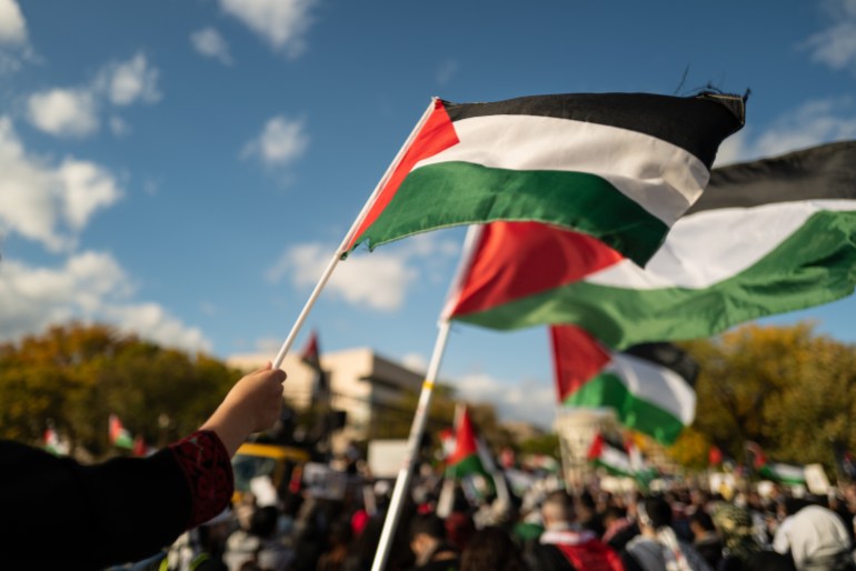 shutterstock_2378182777-1716364131 Washington DC, USA - October 21, 2023: Pro-Palestine, anti-Israel protesters. Israel and Palestine in the Gaza ...