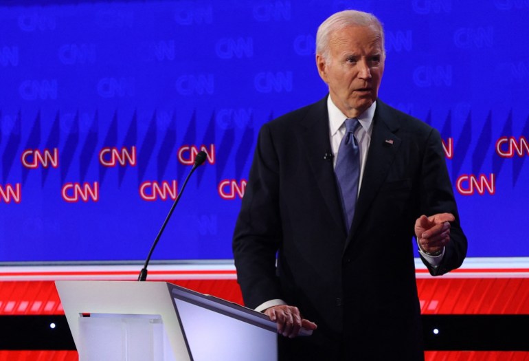 Democrat candidate, U.S. President Joe Biden, points during a presidential debate with Republican candidate, former U.S. President Donald Trump, in Atlanta, Georgia, U.S., June 27, 2024. REUTERS/Brian Snyder