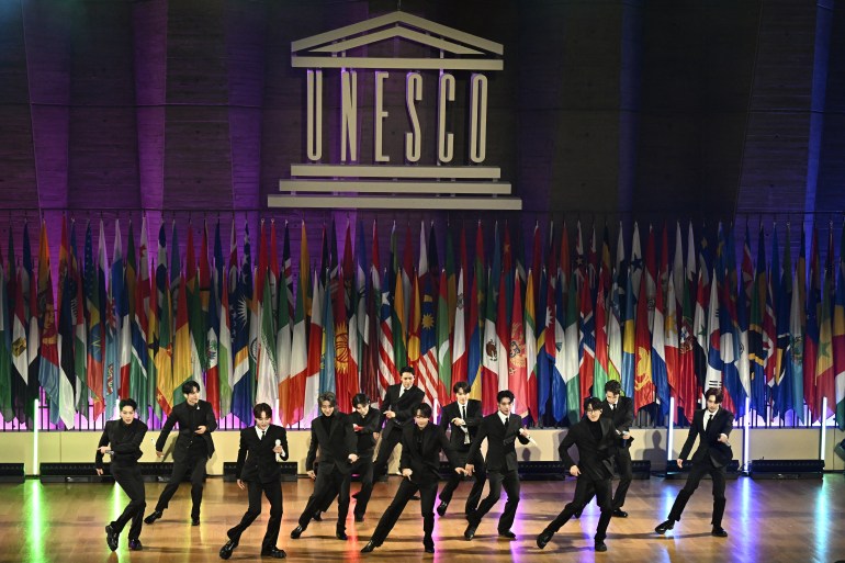 k-pop2-1718117914 South Korean K-POP boy band "Seventeen" performs on stage at the UNESCO headquarters in Paris on November 14, 2023. (Photo by JULIEN DE ROSA / AFP)
