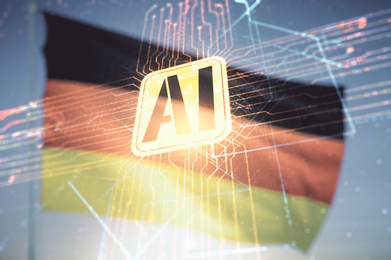sdsdsd3-1719491840 Double exposure of creative artificial Intelligence icon on German flag and blue sky background. Neural networks and machine learning concept