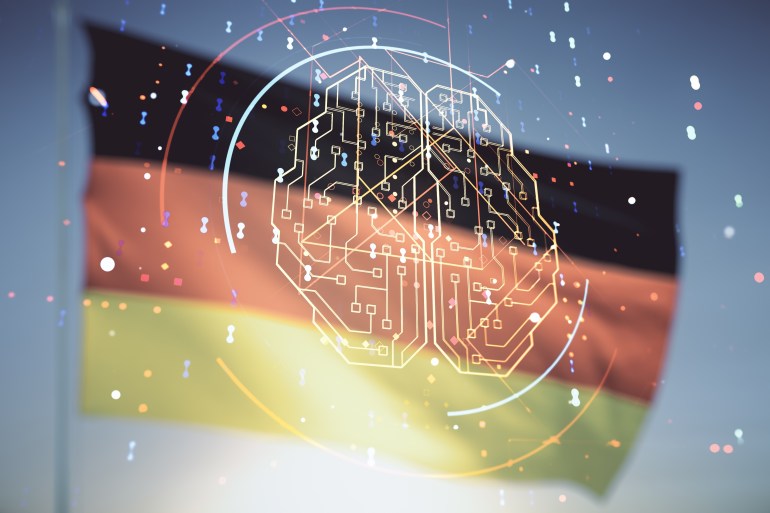 sdsdsd4-1719491854 Double exposure of creative human brain microcircuit hologram on flag of Germany and blue sky background. Future technology and AI concept