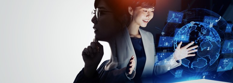 shutterstock_2182221023-1718176291 Human and technology concept. Digital transformation. AI (Artificial Intelligence). Wide image for banners, advertisements.