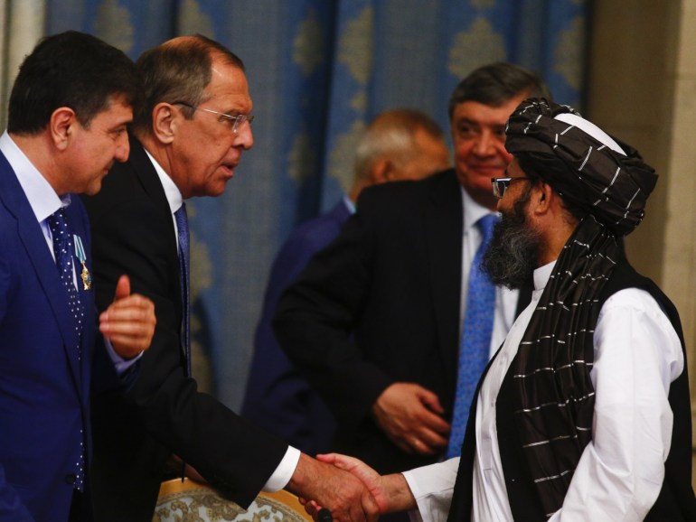 0e1ad35d-d10f-4f57-a950-b69af908782b Afghan talks with Taliban in Moscow- - MOSCOW, RUSSIA - MAY 28: Representatives of Taliban led by Mullah Abdul Ghani Baradar (C) shakes hands with Russian Foreign Minister Sergey Lavrov (2nd L) during a meeting on Afghan talks with Afghan politicians within a conference marking a century of diplomatic relations between Afghanistan and Russia on May 28, 2019 in Moscow, Russia.Russian Foreign Minister Sergey Lavrov