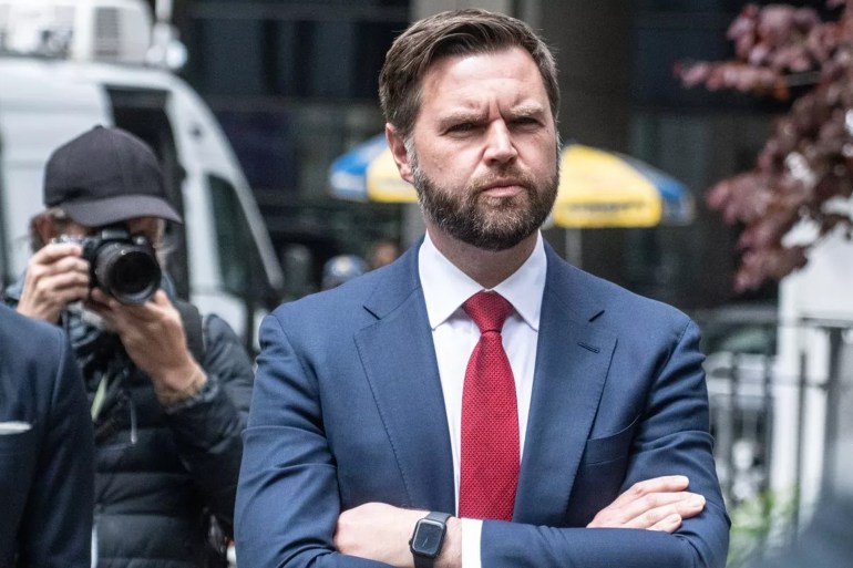 Former President Donald Trump's Hush Money Trial Continues In New York NEW YORK, NEW YORK - MAY 13: Sen. J.D. Vance (R-OH) speaks to the media outside of the Criminal Court where former U.S. President Donald Trump is on trial on May 13, 2024 in New York City. Former U.S. President Donald Trump faces 34 felony counts of falsifying business records in the first of his criminal cases to go to trial.(Photo by Stephanie Keith/Getty Images)