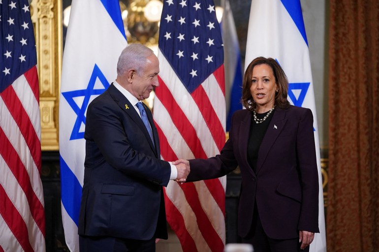asdergf-1721947986 U.S. Vice President Kamala Harris meets with Israeli Prime Minister Benjamin Netanyahu at the Eisenhower Executive Office Building on the White House grounds, in Washington, D.C., U.S., July 25, 2024. REUTERS/Nathan Howard