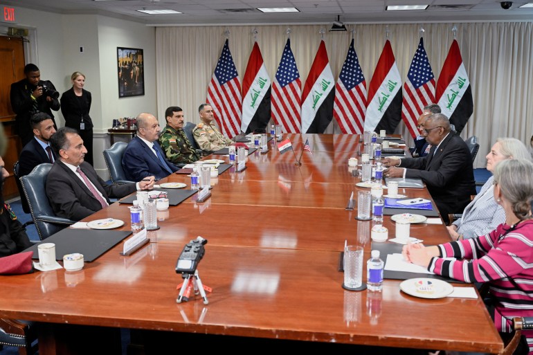 U.S. Defense Secretary Lloyd Austin meets with Iraq Defense Minister Muhammad Al-Abbasi at the Pentagon in Washington, U.S., July 23, 2024. REUTERS/Craig Hudson