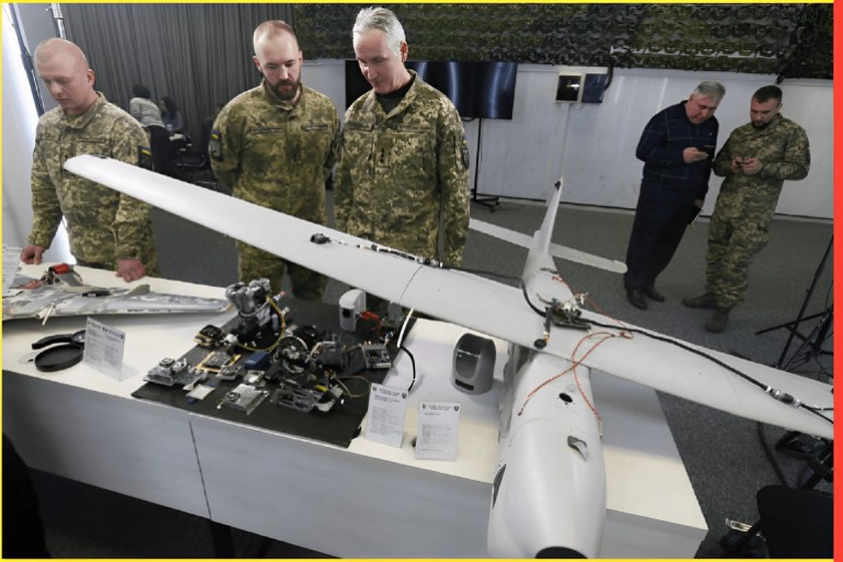 d8b9d8b1d8b6d98a-18-1-1684213576 Parts of UAV (unmanned aerial vehicles): Orlan-10, Granat-3 , Shahed-136, Eleron-3-SV, used by the Russia against Ukraine, are seen during a media briefing of the Security and Defense Forces of Ukraine in Kyiv, Ukraine on 15 December 2022, amid Russian invasion of Ukraine. Security and Defense Forces of Ukraine representatives held a media briefing about situation on the Russian-Ukrainian war and the security situation in Ukraine. (Photo by STR/NurPhoto via Getty Images)