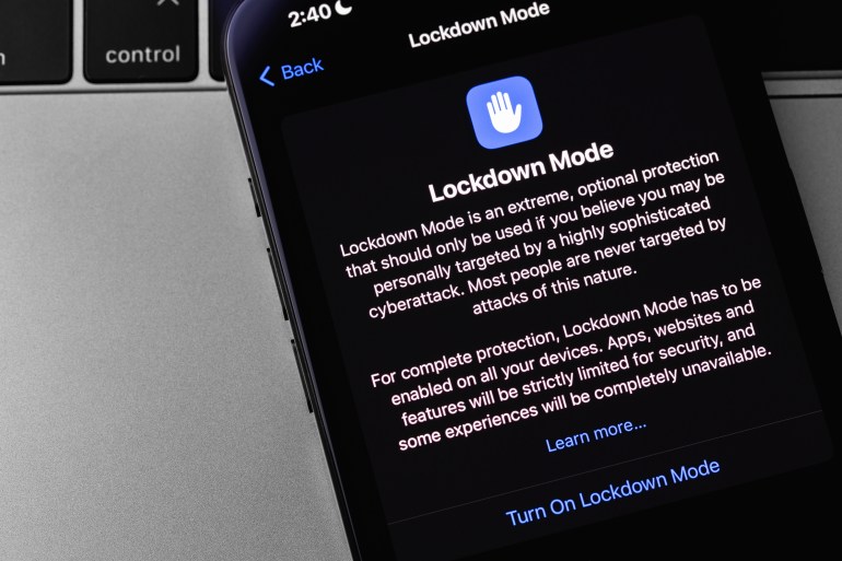 d98ad8b4d8a6d982d8a8d984d984d8a7-1720351484 Apple Lockdown Mode settings on a screen iPhone smartphone. Lockdown Mode helps protect devices against extremely rare and highly sophisticated cyber attacks. Batumi, Georgia - November 4, 2023