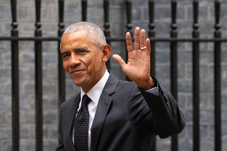 LONDON, ENGLAND - MARCH 18: Former United States President Barack Obama arrives in Downing Street to meet UK Prime Minister, Rishi Sunak, on March 18, 2024 in London, England. President Obama has been in Europe this week and appeared at a moderated debate "An Evening with President Barack Obama" last night in Antwerp. The evening focussed on his vision of the future and the challenges the world is facing. (Photo by Carl Court/Getty Images)