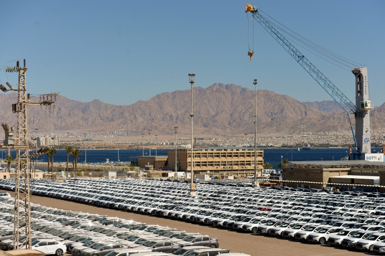 Hundreds of new cars seen in Eilat Harbor. On Monday, February 3, 2020, in Eilat, Israel. (Photo by Artur Widak/NurPhoto via Getty Images)