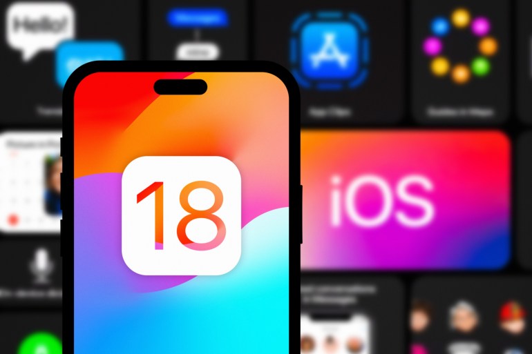 ios-183-1721147804-1 California, United States - Jan 02 2024: Apple IOS 18 Logo is displayed in an iPhone screen. IOS User Interface in the background. iOS 18 is set to be a major upcoming update to the iPhone.