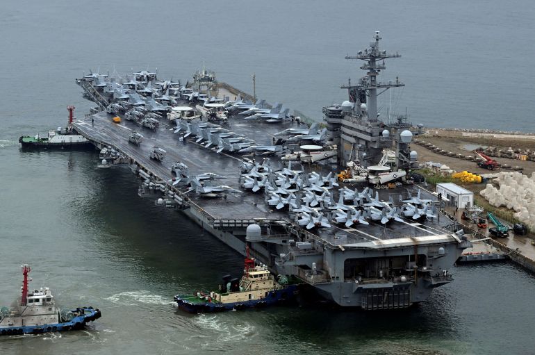FILE PHOTO: The Theodore Roosevelt (CVN 71), a nuclear-powered aircraft carrier in BusanFILE PHOTO: A nuclear-powered U.S. aircraft carrier, the Theodore Roosevelt, arriving in the South Korean port city of Busan earlier this month to take part in joint military exercises with the host nation and Japan,/File Photo DATE 30/06/2024 SIZE 3500 x 2324 Country SOUTH KOREA SOURCE REUTERS/Song Kyung-Seok