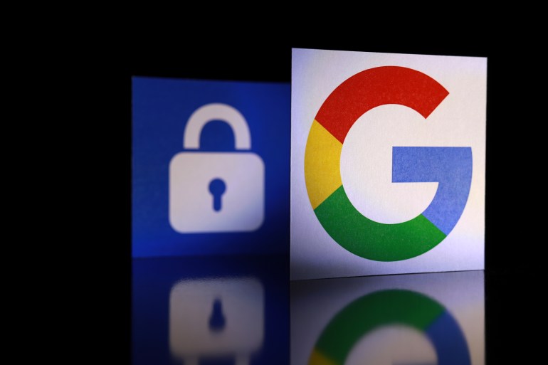 shutterstock_1107258977-1720946292 PENANG, MALAYSIA - JUNE 6, 2018: Google security and privacy issues. Close up Google logo with the security lock icon isolated on black background.