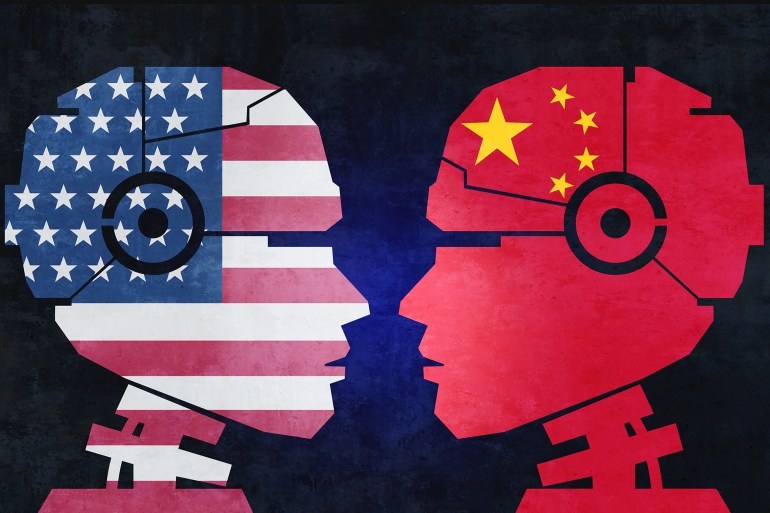 shutterstock_2324553155-1715623248 China And US Technology and AI technologies as Tech competition for technological dominance andartificial intelligence trade war or national security risk in a 3D illustration style.