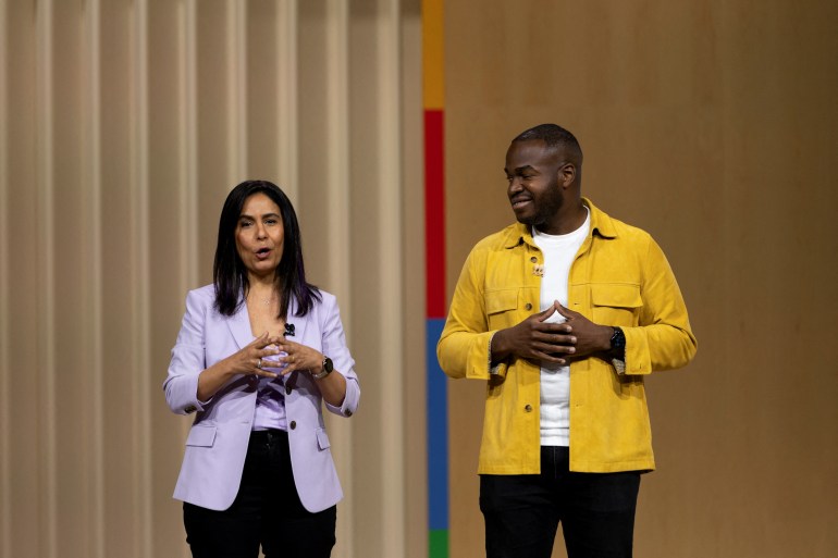 12-1723631636 Product managers Shenaz Zack and Kenny Sulaimon present their new AI powered Pixel phones photo features during a Made for Google Event in Mountain View, California, U.S. August 13, 2024. Google unveils a new line of Pixel smartphones, plus a new smart watch and wireless earbuds at its annual hardware event. رويترز