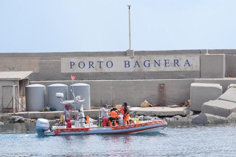 Italian emergency services headed out to sea towards the area off the Sicilian coast, where the search continues for British technology tycoon Mike Lynch and his daughter Hannah, who are among six tourists missing after a luxury yacht sank in a tornado off the coast of Sicily. The pair are among six tourists missing after the yacht, named Bayesian, was battered during intense storms off the coast of Palermo in the early hours of Monday. Picture date: Tuesday August 20, 2024. (Photo by Jonathan Brady/PA Images via Getty Images)