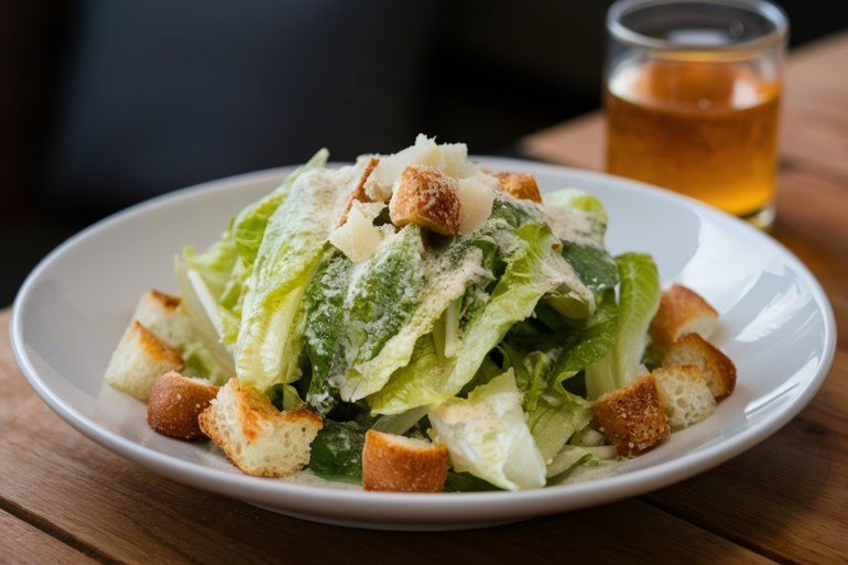 Caesar Salad: Classic salad with romaine lettuce, croutons, Parmesan, and Caesar dressing.