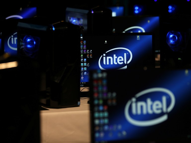 248239eb-405b-4593-a523-d94c24166e45 The Intel logo is displayed on computer screens at SIGGRAPH 2017 in Los Angeles, California, U.S. July 31, 2017. REUTERS/Mike Blake