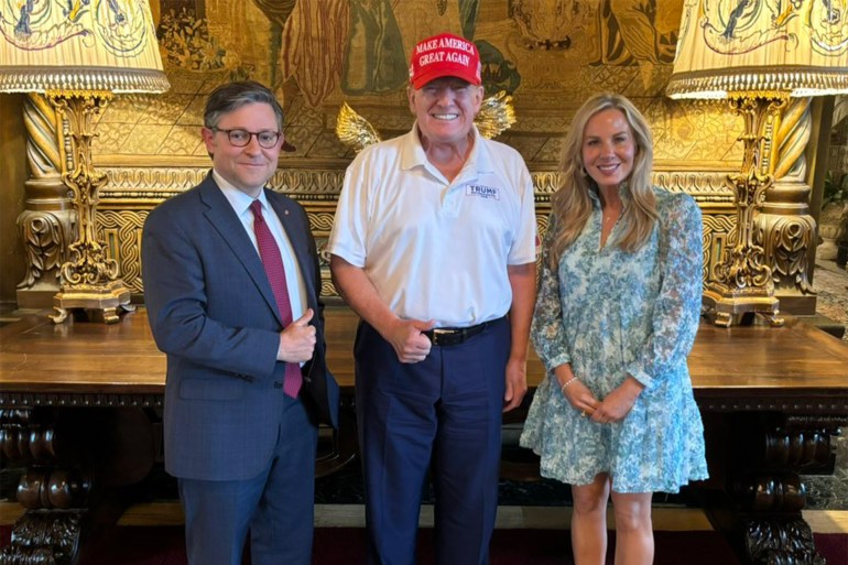 3000-1726464333-1 Mike Johnson, the Republican speaker of the House, visited Trump with his wife, Kelly, at Mar-a-Lago after the shooting