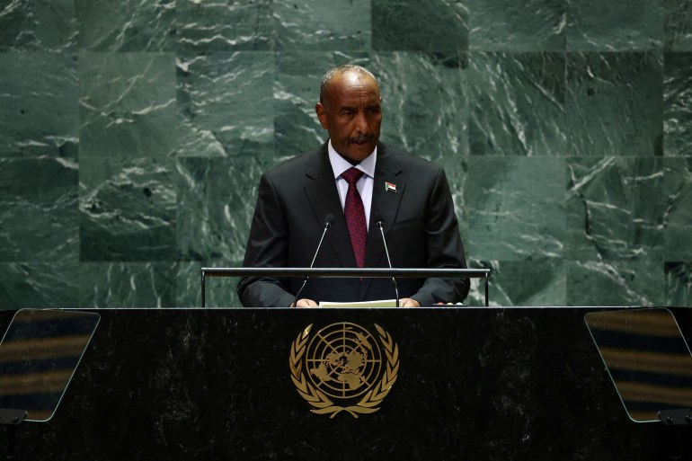 Sudan's Sovereign Council Chief General Abdel Fattah al-Burhan addresses the 79th United Nations General Assembly at United Nations headquarters in New York, U.S., September 26, 2024. REUTERS/Brendan McDermid